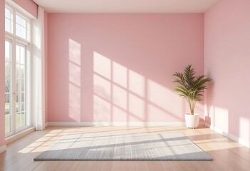 Fototapeta premium Minimalist Room Design With Pink Walls And Light Grey Rug
