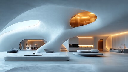 Futuristic home interior design, open-plan living, illuminated spaces, organic architecture, rendering