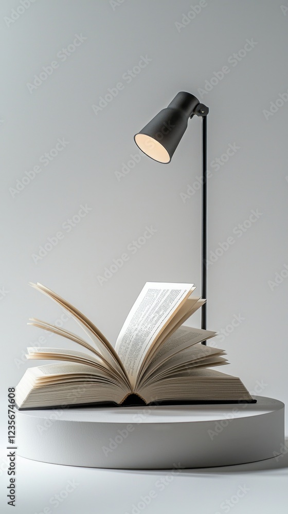 Poster open book on display with spotlight in modern minimalist setting