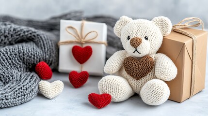 Adorable Knitted Teddy Bear with Gifts and Hearts for Valentine s Day
