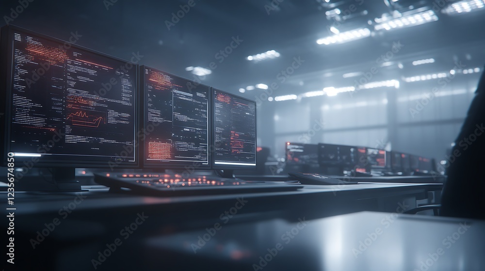 Aufkleber High-tech computer setup illuminated by lights in a modern workspace.