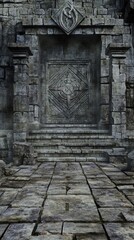 Obraz premium Ancient stone door, temple ruins, jungle background, mystery game backdrop.