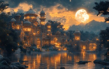 Naklejka premium Moonlit Palaces by the River in a Twilight Fantasy Landscape