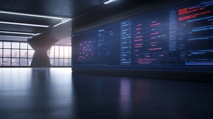 Futuristic data center with glowing screens and a sleek, modern interior design.