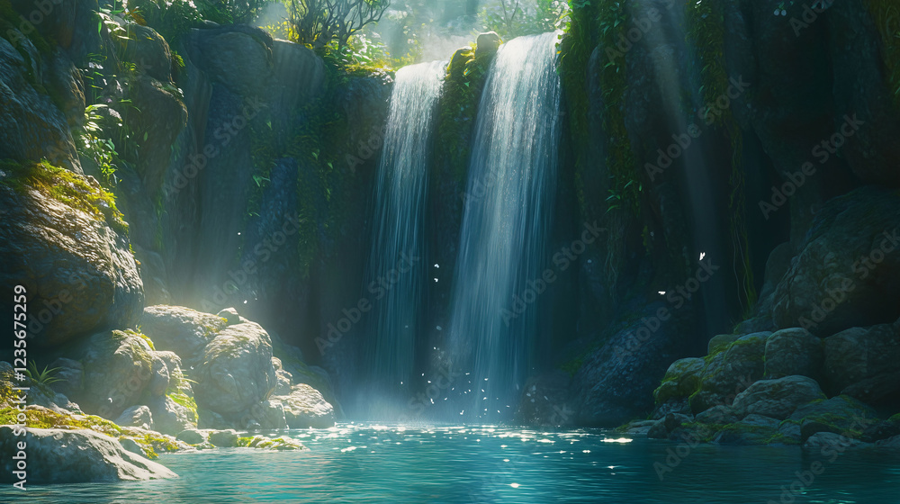 Poster mystical waterfall cascading down moss covered rocks in an enchanted forest at twilight. generative 
