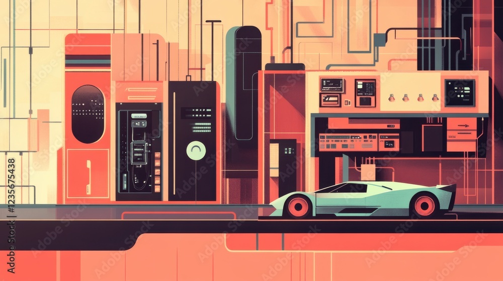 Poster futuristic car in a vibrant tech garage with retro machines and glowing circuitry in background
