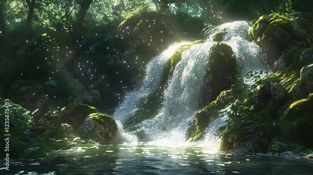 Poster mystical waterfall cascading down moss covered rocks in a serene forest setting. generative ai