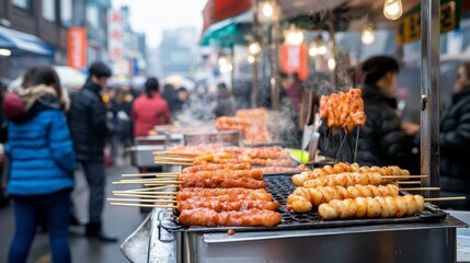 Korean Street Food Vendors Grill Skewers Amidst Busy City Crowd