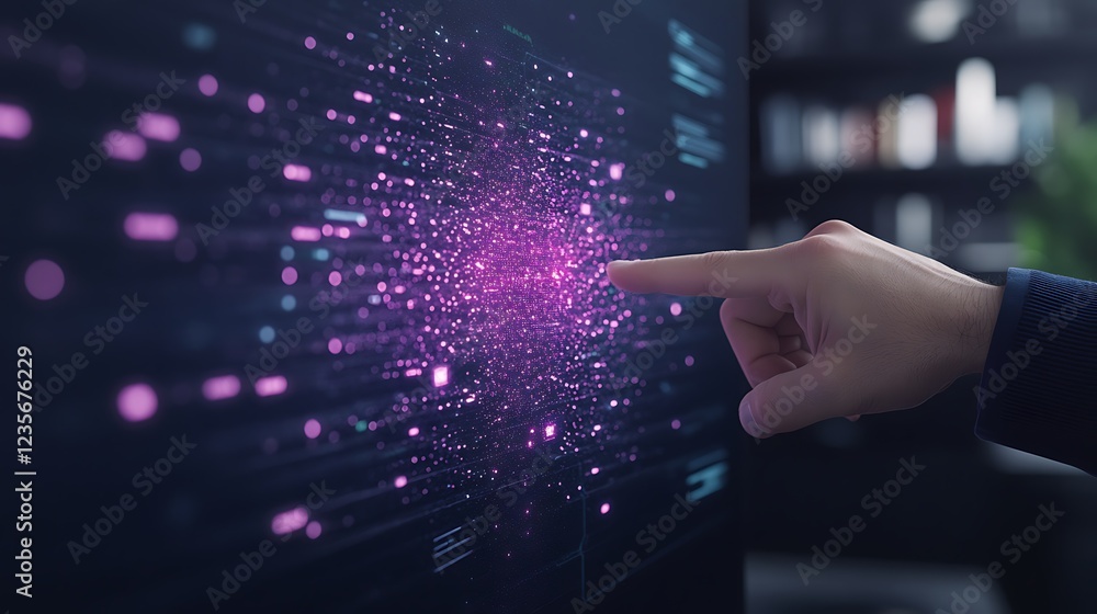 Aufkleber A hand points at a vibrant digital display filled with colorful particles and data visuals.