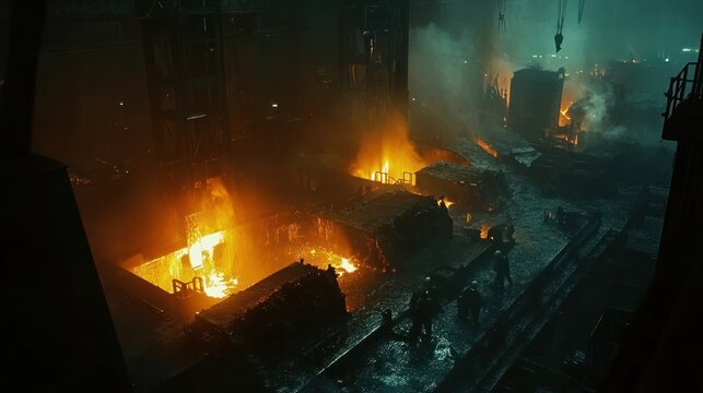A dark industrial scene with molten metal and workers in a foundry.