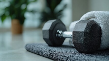 A close-up view of a dumbbell resting on a gray towel, with a blurred background of indoor plants