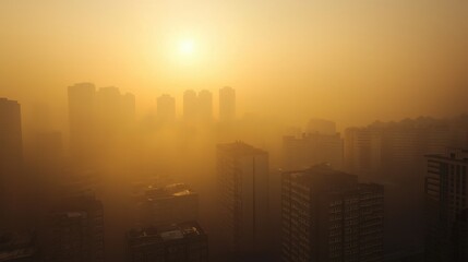 Obraz premium Dense Urban Fog Over Buildings at Sunrise in a Cityscape Environment
