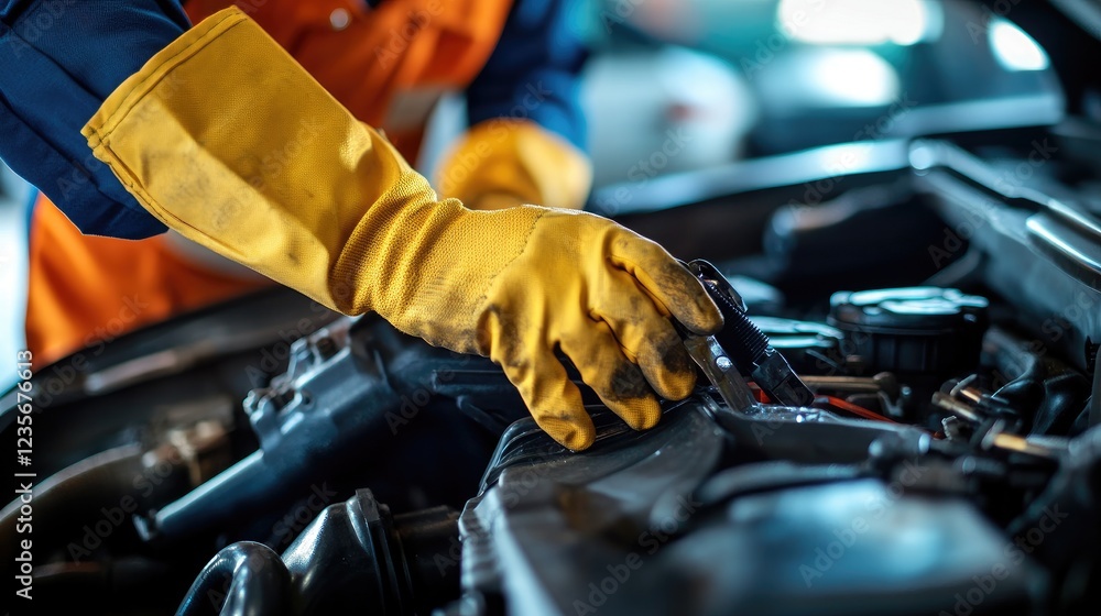 Aufkleber A mechanic wiping tools and cleaning the work area after refueling an engine, ensuring a neat and efficient workspace