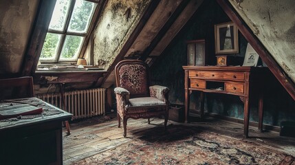 Vintage Attic Room with Wooden Furniture and Natural Light Streaming In
