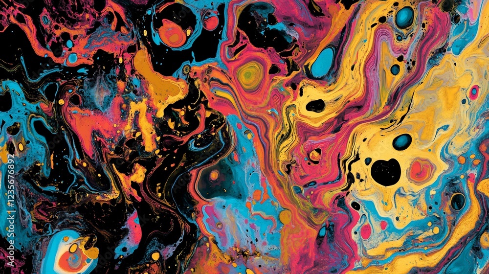 Poster abstract swirling colors creating a vibrant and dynamic composition with a dark background
