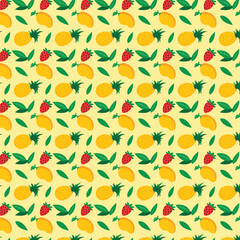 Seamless pattern with fruits on yellow background. Vector illustration.