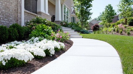 Obraz premium Curving walkway to house; landscaped yard