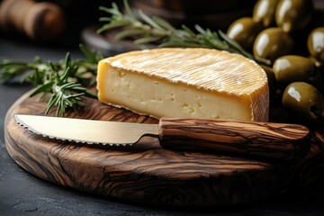 Reblochon cheese wheel with knife, rosemary and green olives on wooden board
