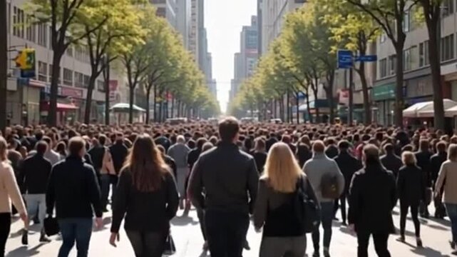 A bustling city street filled with crowd lot of people going about their daily routines, bathed in warm autumn sunlight. Selective focus on the moving crowd.