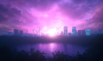 Fototapeta premium A vibrant sunset over a futuristic cityscape with wind turbines and a reflective water surface.