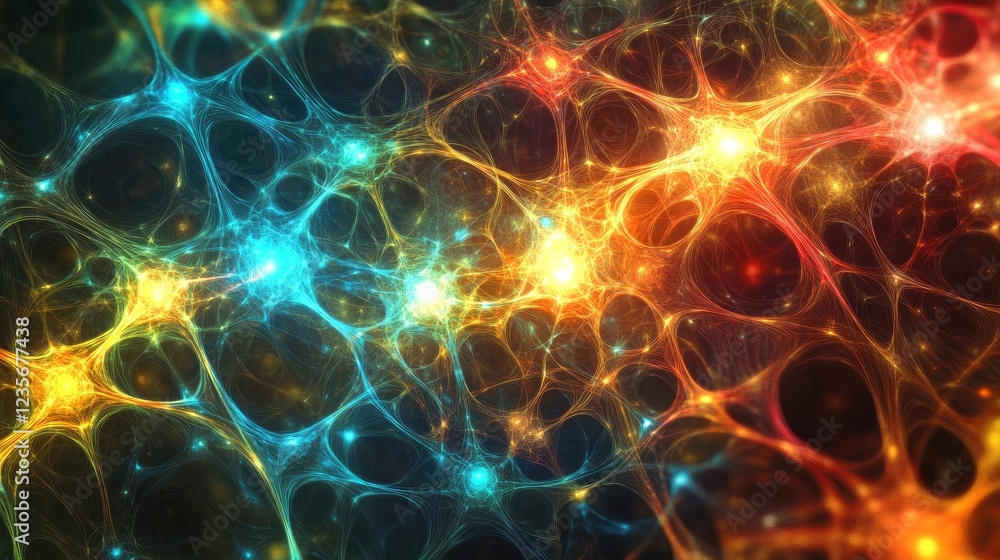 Poster vibrant glowing nodes and abstract interconnected lines forming a futuristic neural network, radiati
