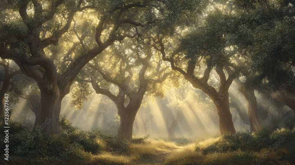 Poster serene forest illuminated by ethereal light creating a magical atmosphere during early morning hours