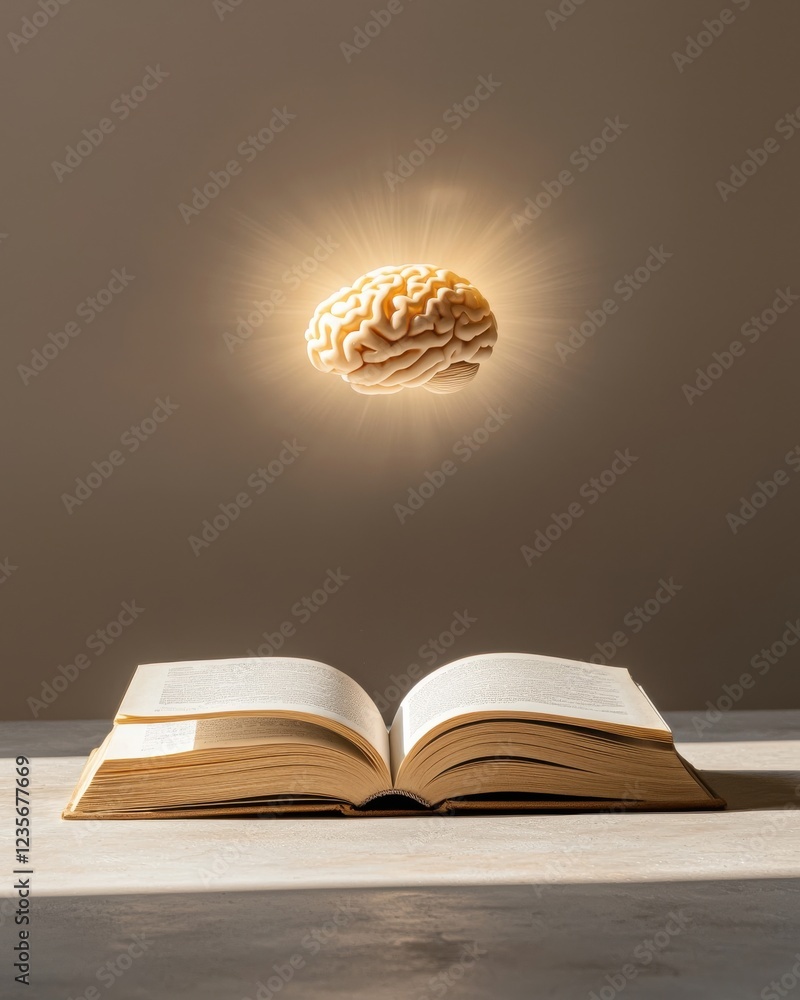 Poster an open book with a glowing brain above it symbolizes knowledge, creativity, and the power of learni