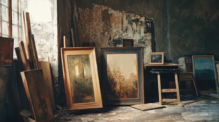 Abandoned Art Studio with Frames and Paintings in Dimly Lit Room