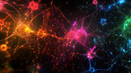 A dynamic neural network visualization with glowing colorful nodes and flowing interconnected lines, symbolizing progress