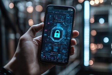 Hand holding smartphone showing lock icon on futuristic screen in server room