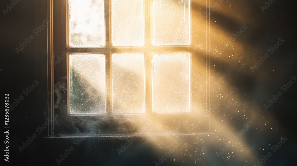 Poster sunlight streaming through dusty window with golden rays of light