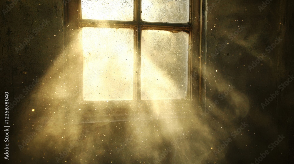 Poster sunlight streaming through dusty window creating ethereal atmosphere