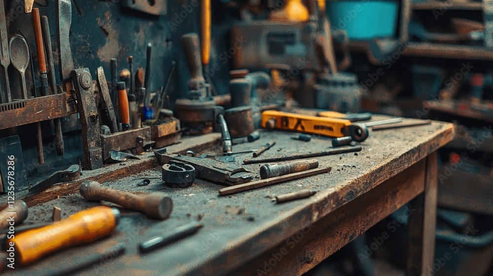 Poster rustic workbench with tools and dust in a dimly lit workshop