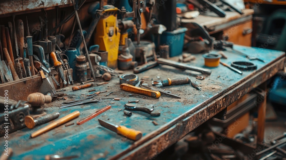 Poster cluttered workbench with hand tools and utensils in workshop setting