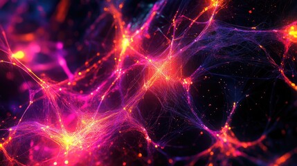 Obraz premium A vibrant abstract neural network with glowing interconnected nodes and lines, symbolizing AI and complex connections