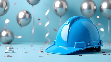 Blue construction helmet lies on festive background with silver balloons