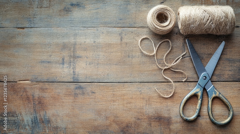 Poster a neat arrangement of scissors and twine on textured wood, with soft, natural lighting and a space f