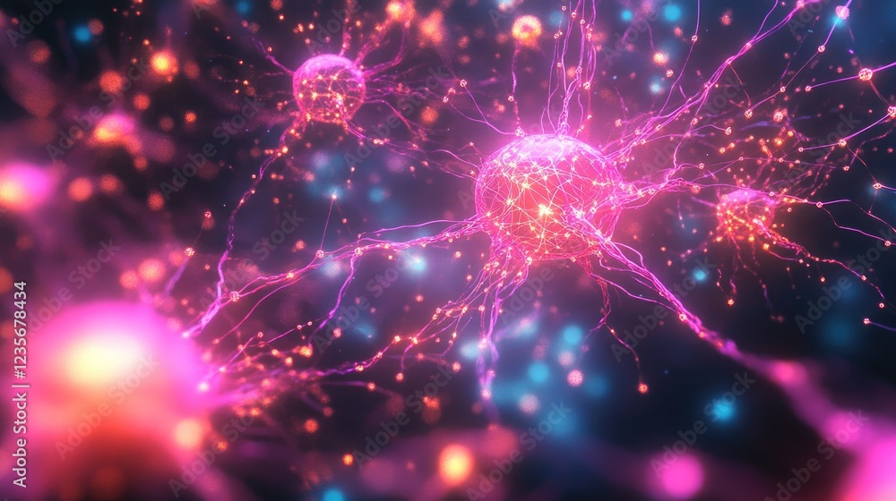 Poster abstract glowing nodes and lines interconnected in a vibrant neural network, representing advanced a