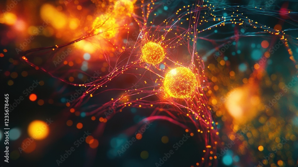 Poster abstract glowing nodes and lines interconnected in a vibrant neural network, representing advanced a