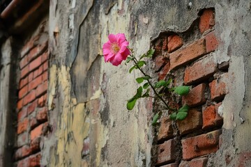 A picturesque shot of a single pink flower climbing up a brick wall of an old building.