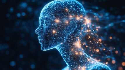 Human Figure Composed of Flowing Binary Code with Glowing Neural Connections