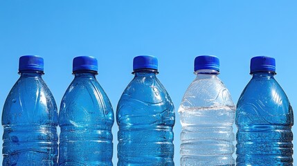 A neat stack of plastic bottles for recycling, set against a clear blue sky, reflecting eco-conscious practices in waste management
