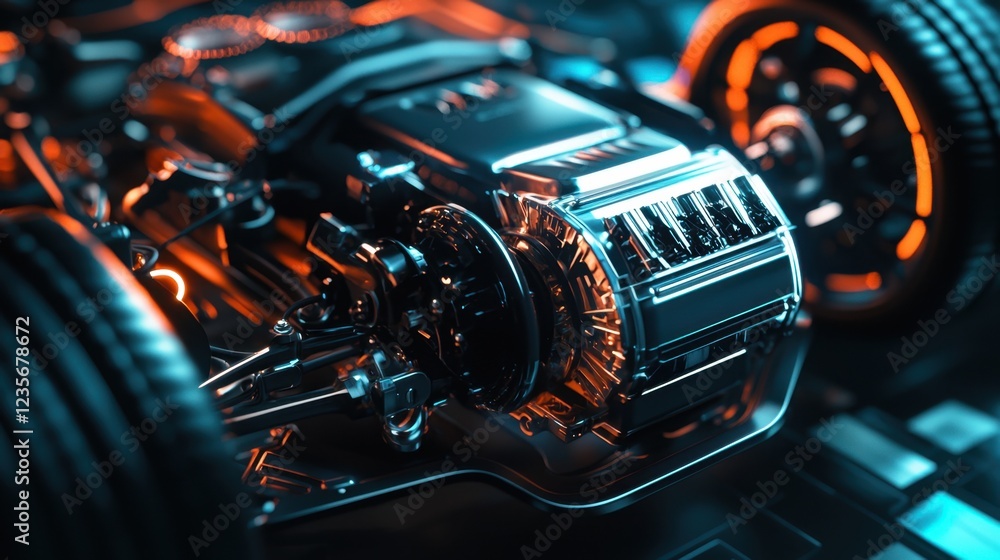 Poster close-up view of modern car engine with illuminated components