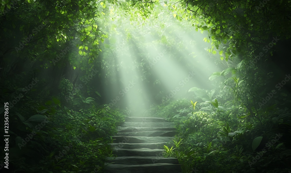 Poster Serene forest scene with sun rays illuminating a stone staircase surrounded by lush greenery.