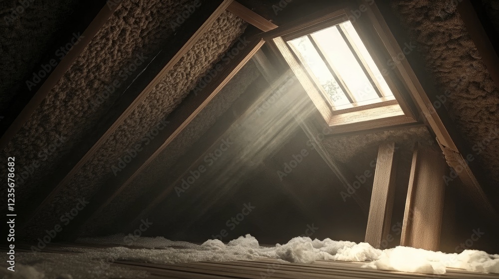 Poster a partially constructed attic with insulation visible and soft natural light coming through a skylig