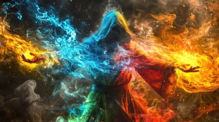 Colorful Sorcerer Casting Magic with Flames and Mystical Energy