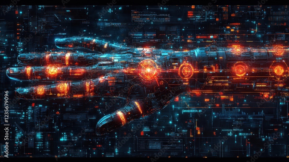 Poster futuristic robotic hand with glowing elements against a digital backdrop of technology and data