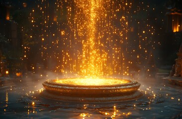 Luminous Golden Fountain at Night with Sparks Ascending and Illuminating the Surrounding Area