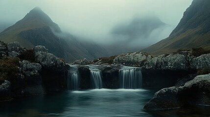 Misty mountain waterfall, serene pool, Scotland landscape, nature photography
