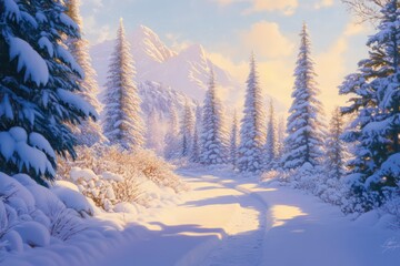 A picturesque snowy trail lined with evergreen trees and bathed in soft morning light.